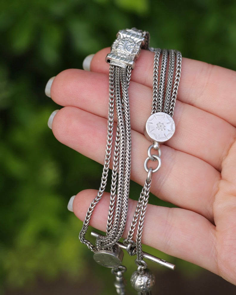Antique 1901 Double Albertina Necklace with T-bar and Tassel, Sterling Silver, 43.75g