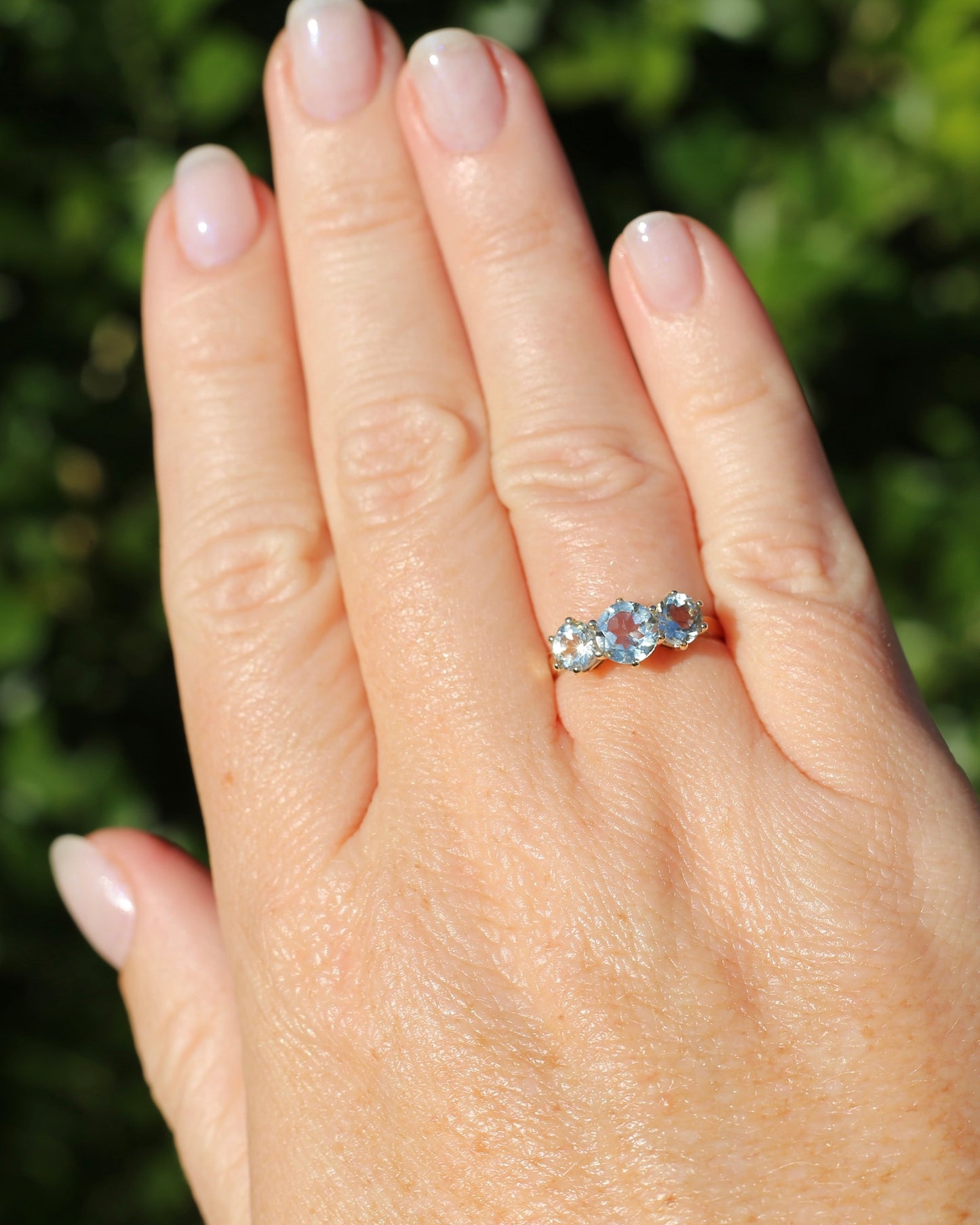 Prasiolite or Green Amethyst in Vintage Trilogy, 9ct Yellow Gold, size 7 or N1/2