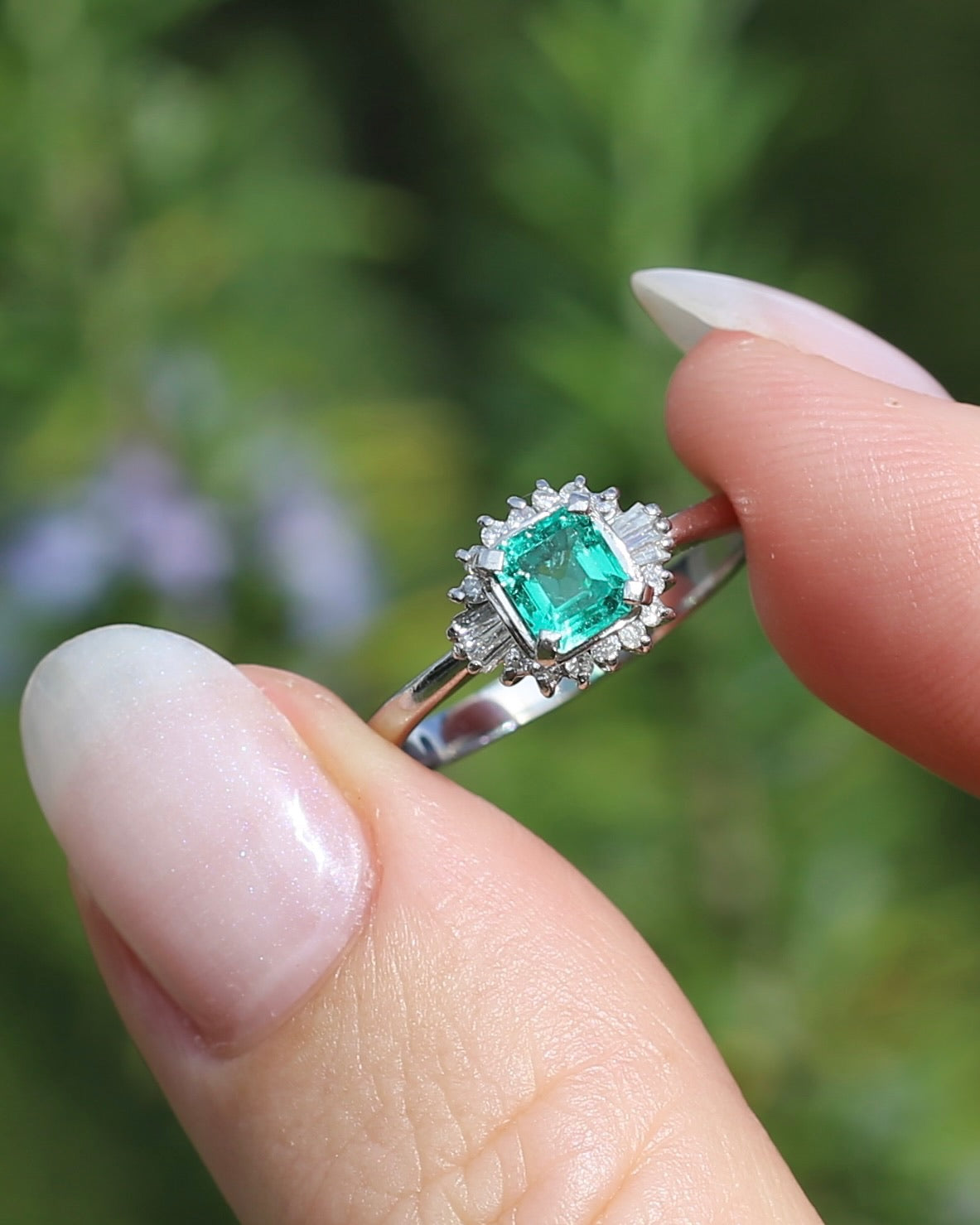 Natural Square Step Cut Emerald and Diamond Baguette Ballerina Skirt, Platinum Ring, size O or 7.25