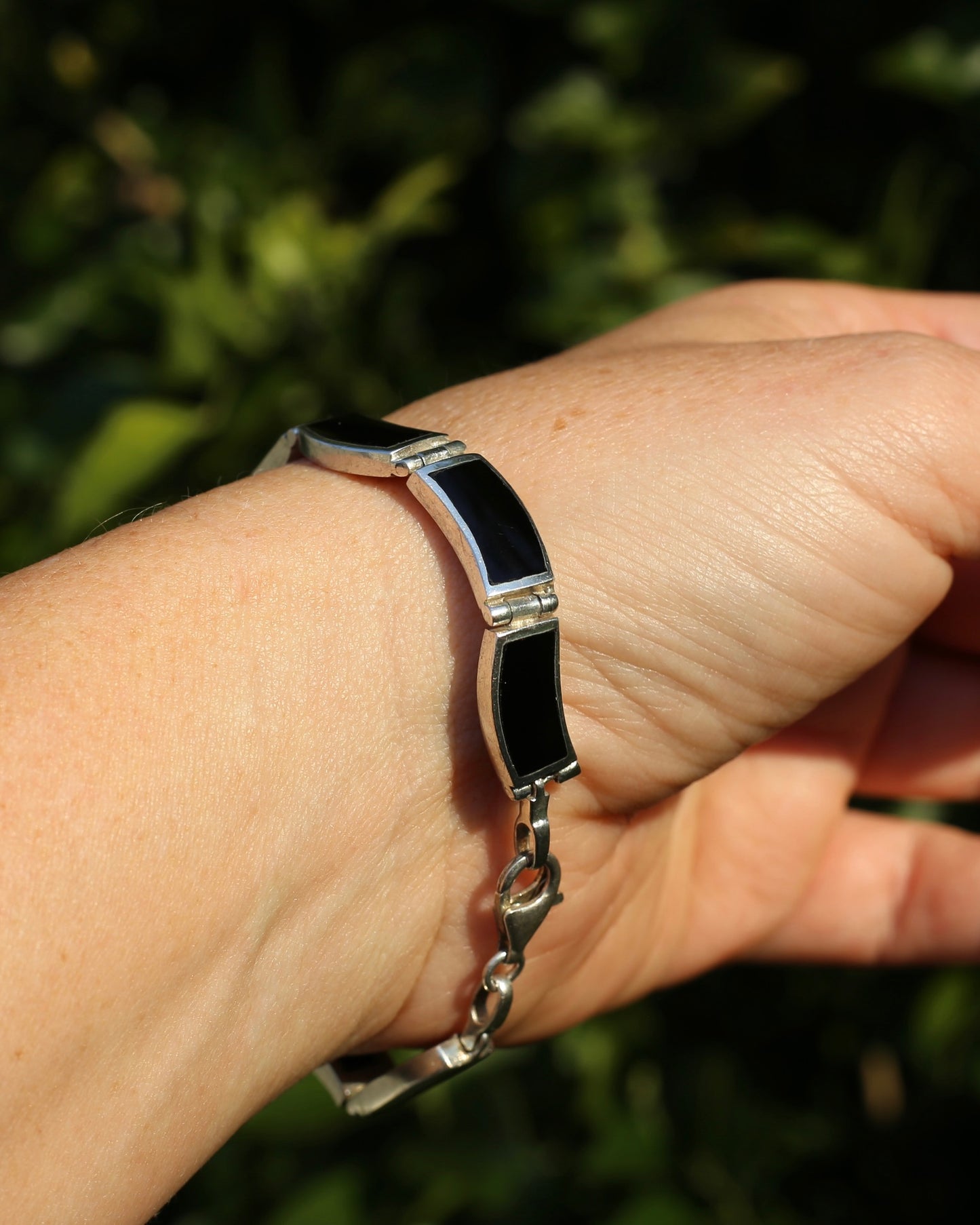 Black Panel Wavey Silver Bracelet, Sterling Silver, 18.3g, 19cm