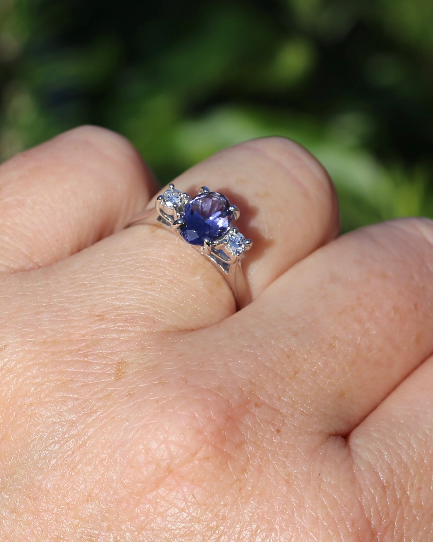 1.05ct Hand Cut Australian Iolite and Diamond Trilogy, 9ct White Gold, Size N or 6.75, 3.05g