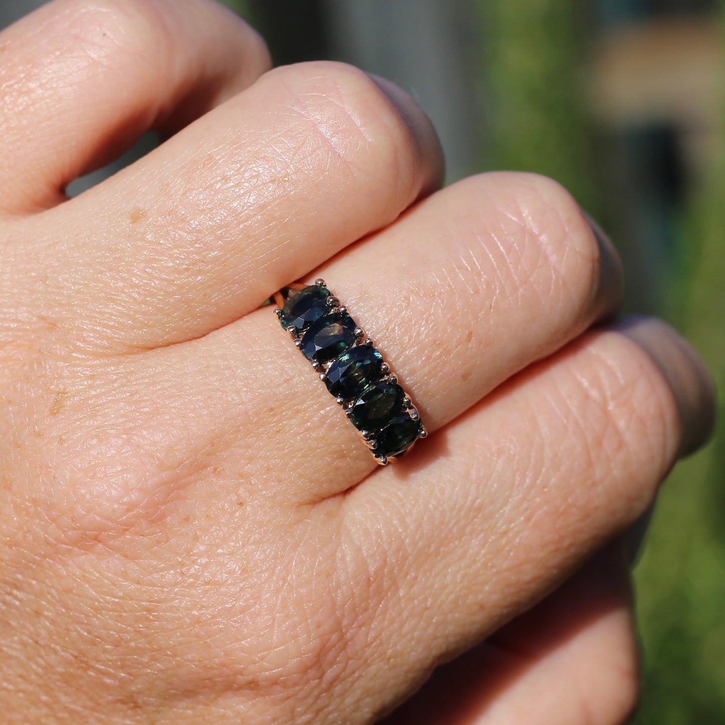 3 Carat Five Stone Parti Sapphire Ring, 9ct Yellow Gold, size R1/2 or nearly 9, with valuation