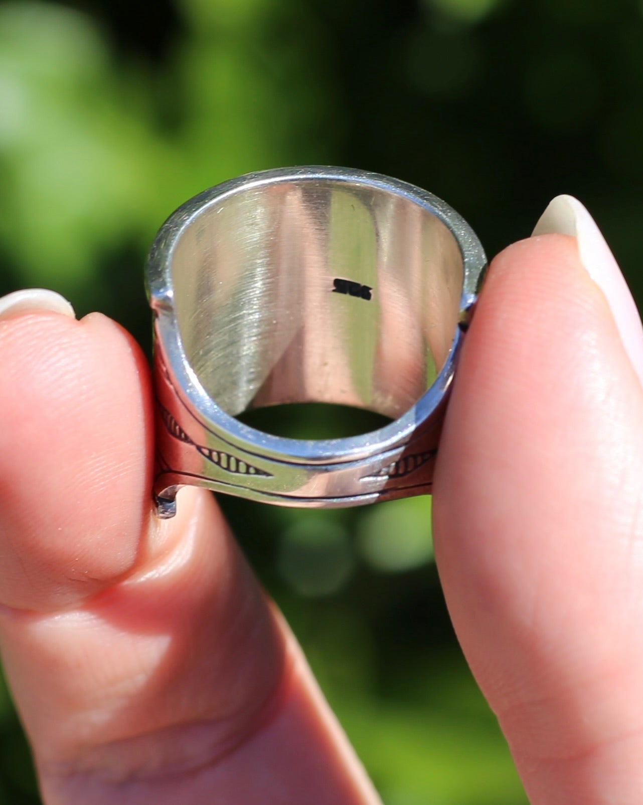 Wide Sterling Silver Etched Cigar Band, Comfort Fit Back, size P or 7.5 (fits more like an O or 7)