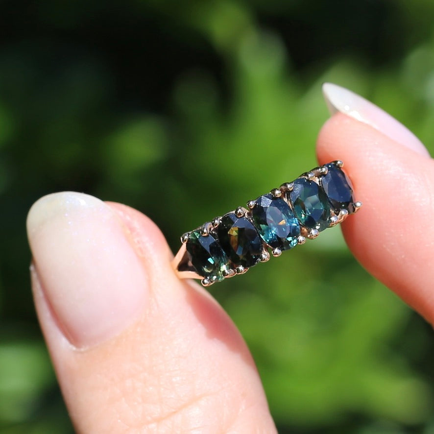 3 Carat Five Stone Parti Sapphire Ring, 9ct Yellow Gold, size R1/2 or nearly 9, with valuation