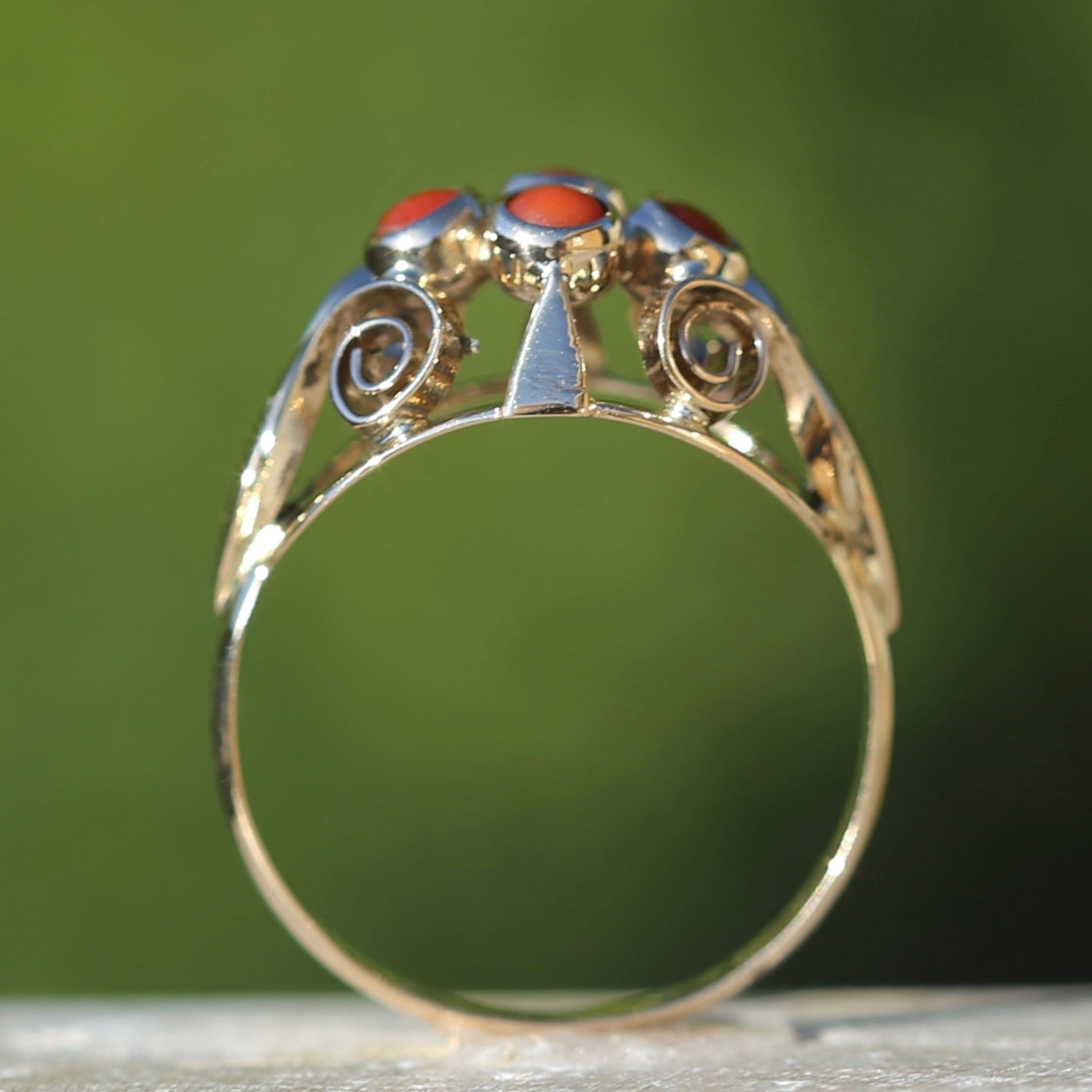 Vintage Dutch Four Stone Coral Cabochon Filigree Ring, 14ct Yellow Gold, size N1/2 or 7