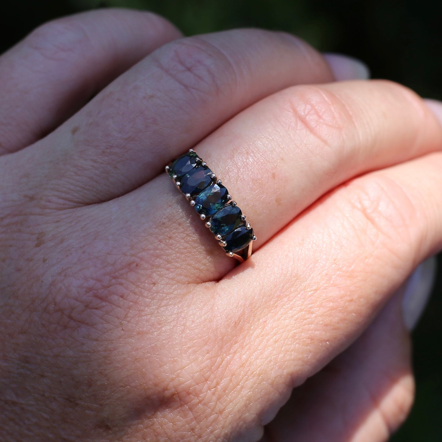 3 Carat Five Stone Parti Sapphire Ring, 9ct Yellow Gold, size R1/2 or nearly 9, with valuation
