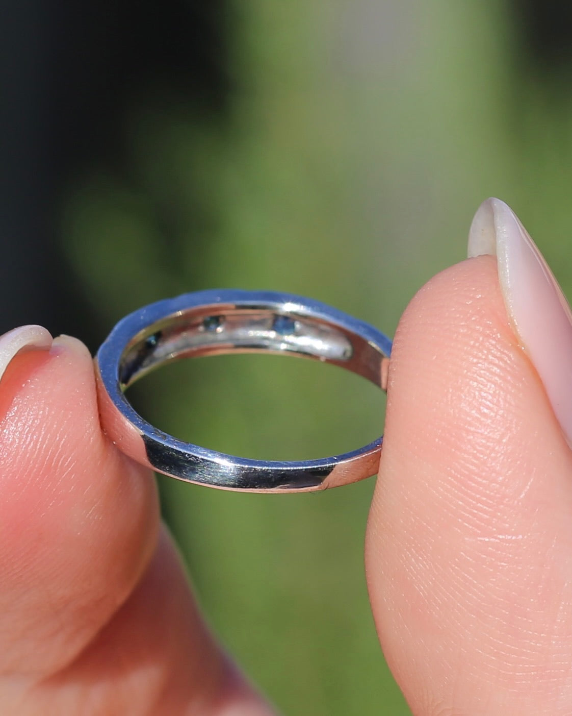 ON HOLD Australian Parti Sapphire Trilogy, 9ct White Gold Band, size N1/2 or just under 7, 2.67g