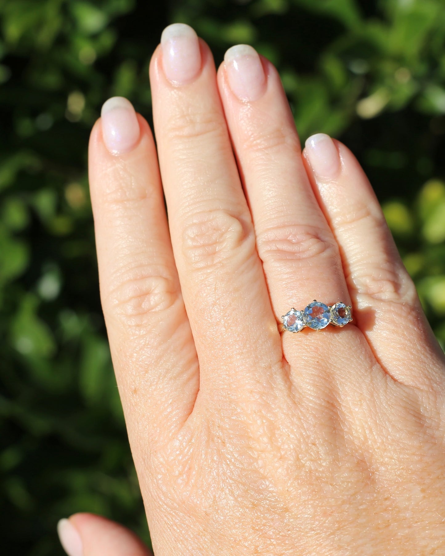 Prasiolite or Green Amethyst in Vintage Trilogy, 9ct Yellow Gold, size 7 or N1/2
