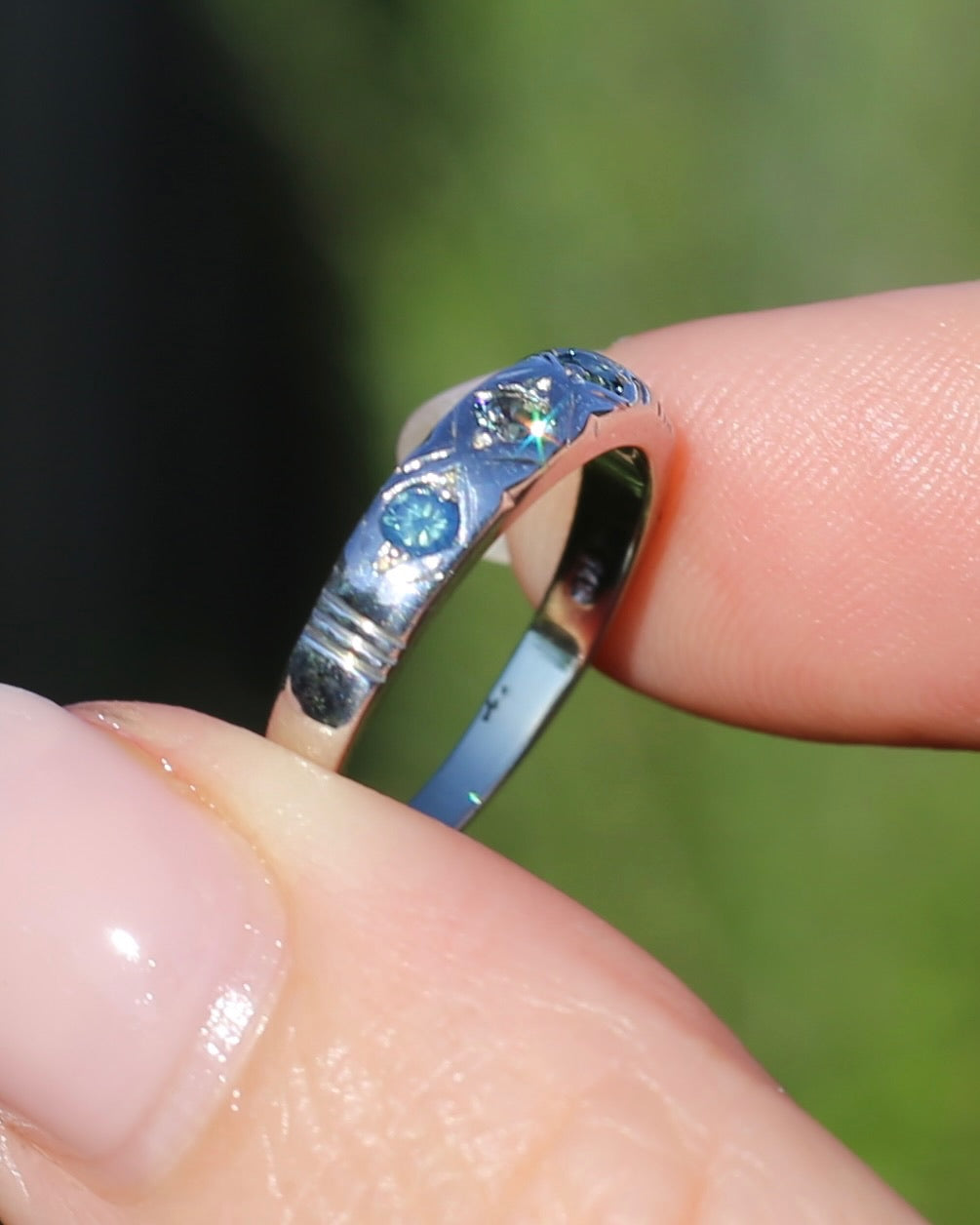 ON HOLD Australian Parti Sapphire Trilogy, 9ct White Gold Band, size N1/2 or just under 7, 2.67g