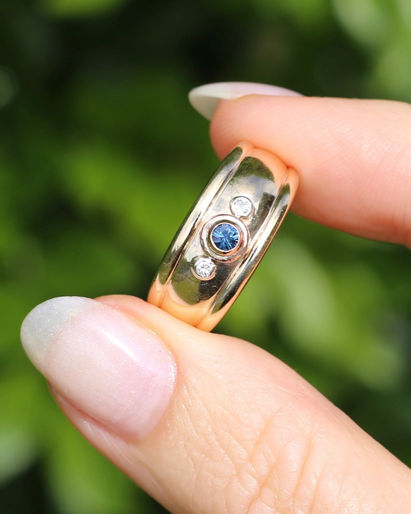 Bezel Set Parti Sapphire and Diamond Trilogy, Chunky Yellow Gold, size O1/2 or 7.5 (will fit smaller due to width)