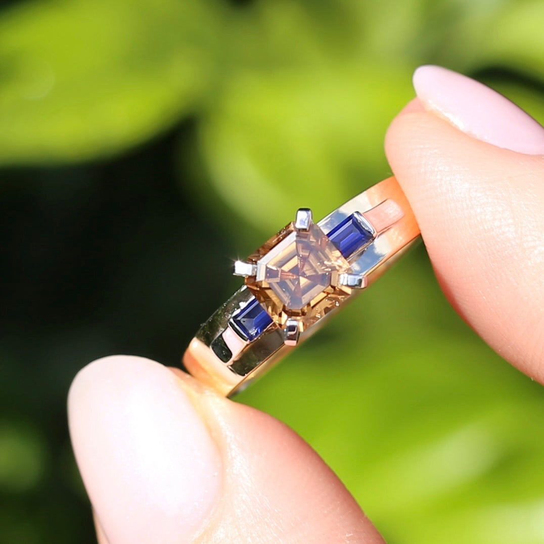 1.74ct Asscher Cut Cognac Zircon with Baguette Synthetic Sapphires in Mixed White and Yellow Gold 9ct Ring, size 8.75 or just over R
