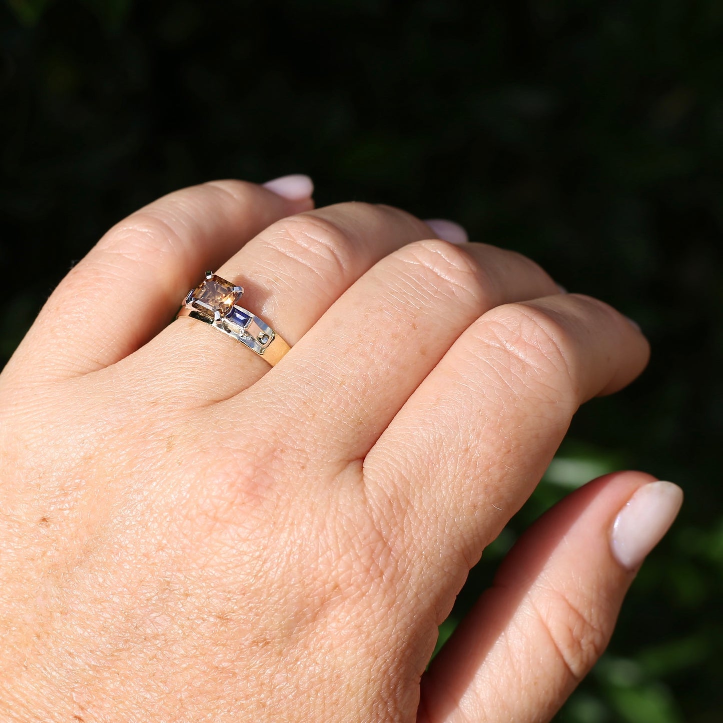 1.74ct Asscher Cut Cognac Zircon with Baguette Synthetic Sapphires in Mixed White and Yellow Gold 9ct Ring, size 8.75 or just over R