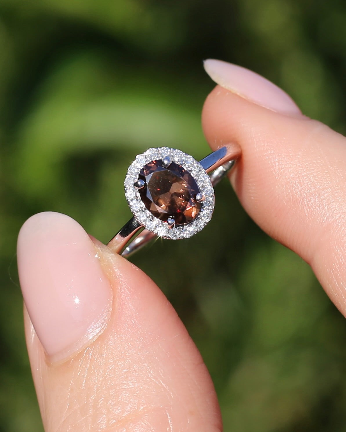 1.82ct Chocolate Australian Zircon with Diamond Halo, 14ct White Gold, size N or 6.75, 3.34g