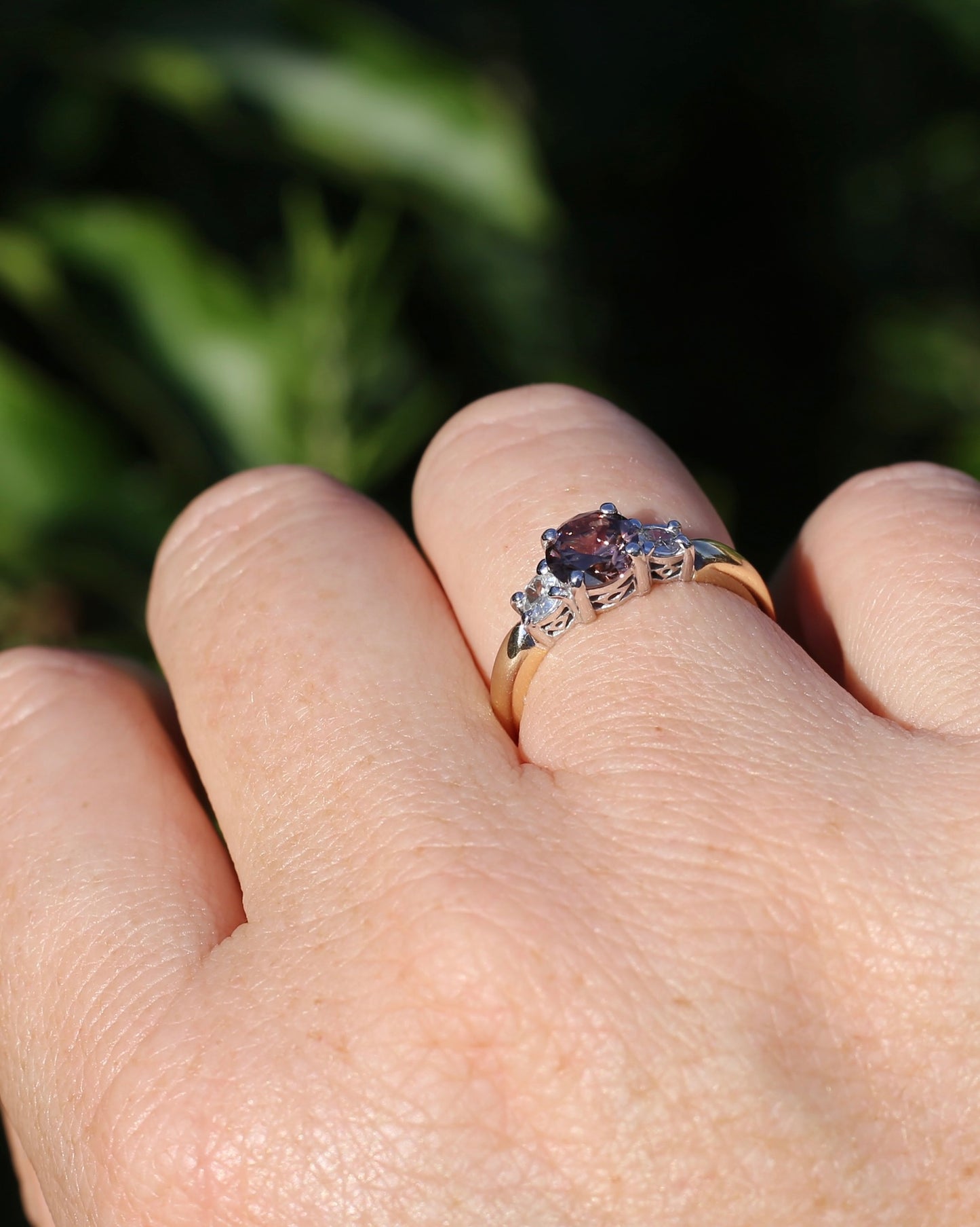 1.31ct Natural Caramel Zircon and Old Cut White Zircon Trilogy Ring, 9ct Gold, size N1/2 or just under 7, 3.72g