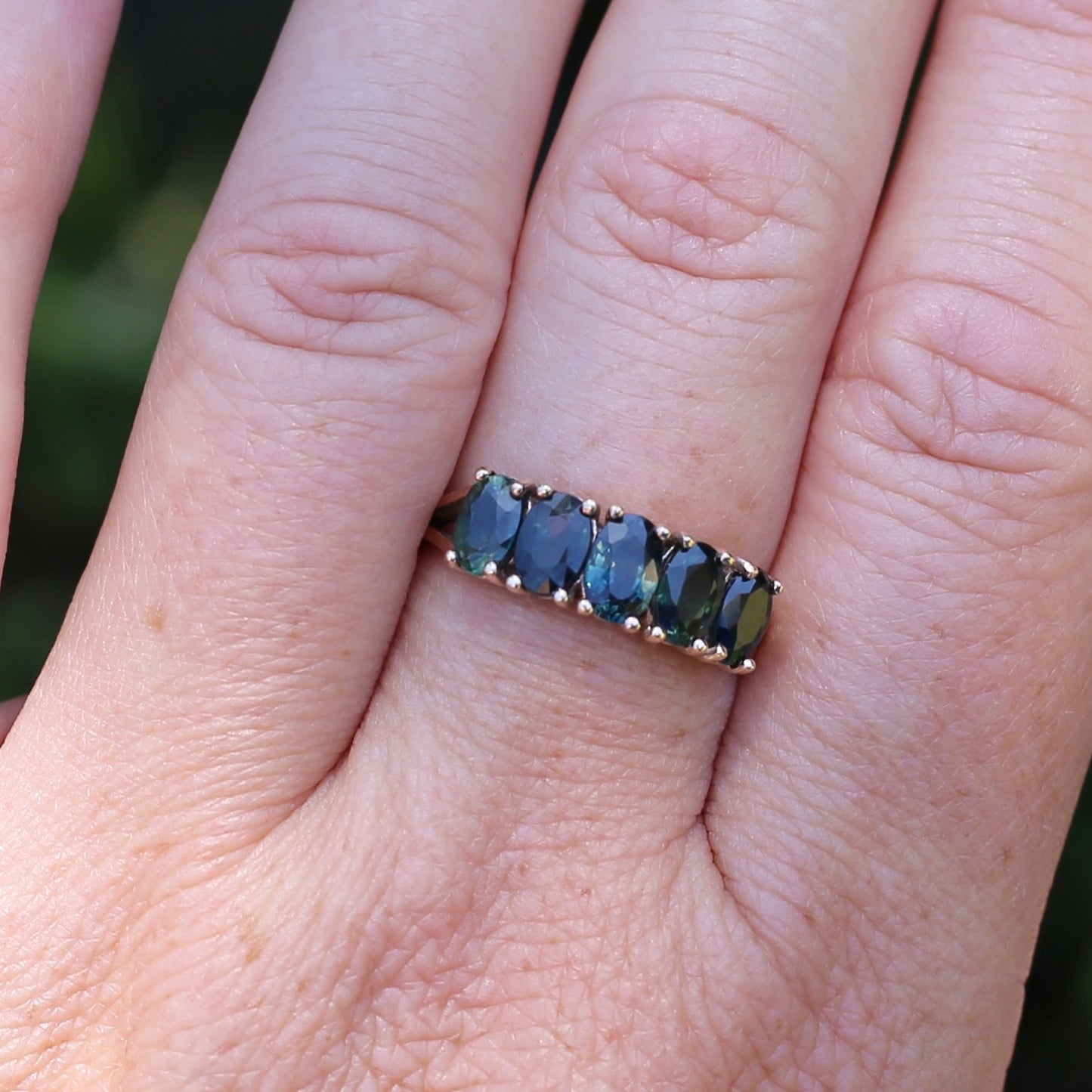 3 Carat Five Stone Parti Sapphire Ring, 9ct Yellow Gold, size R1/2 or nearly 9, with valuation