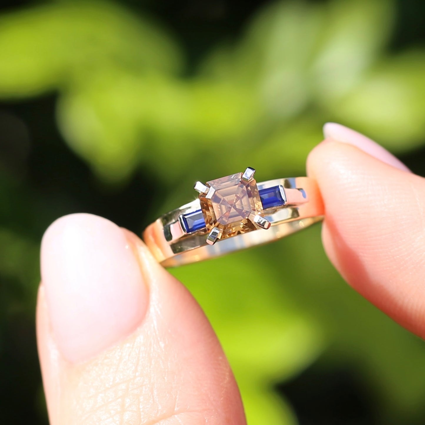 1.74ct Asscher Cut Cognac Zircon with Baguette Synthetic Sapphires in Mixed White and Yellow Gold 9ct Ring, size 8.75 or just over R
