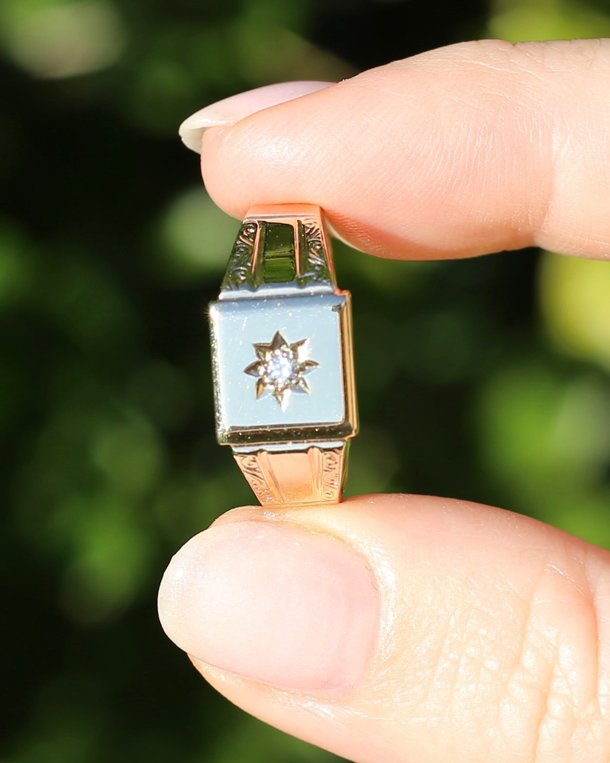 1984 Made Vintage Star Set Diamond Signet Ring, 9ct Yellow Gold, size V or 10.5