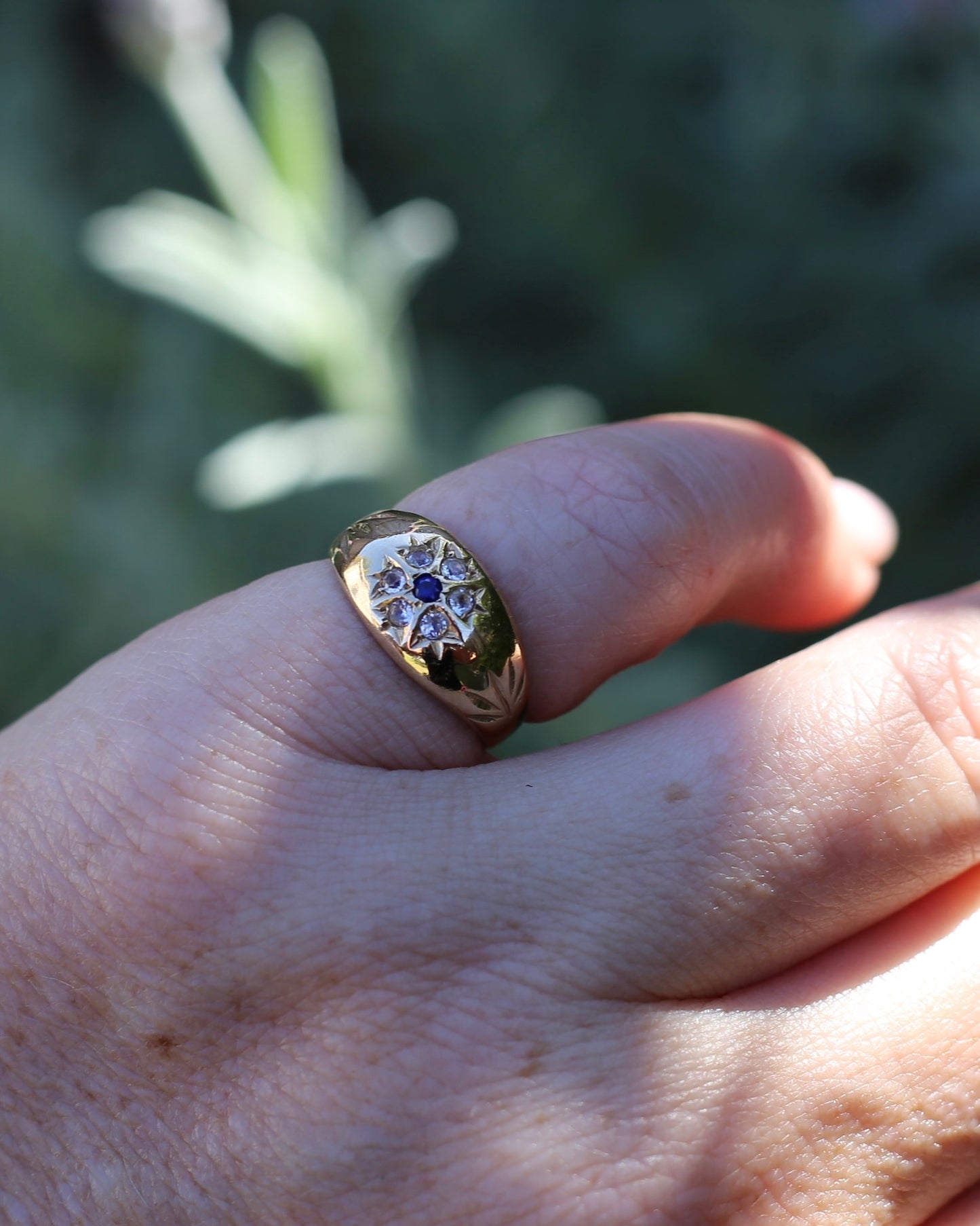 Vintage 1994 Birmingham Made Sapphire and White Stone Floral Cluster in Domed Ring, 9ct Yellow Gold, size J1/2 or 5