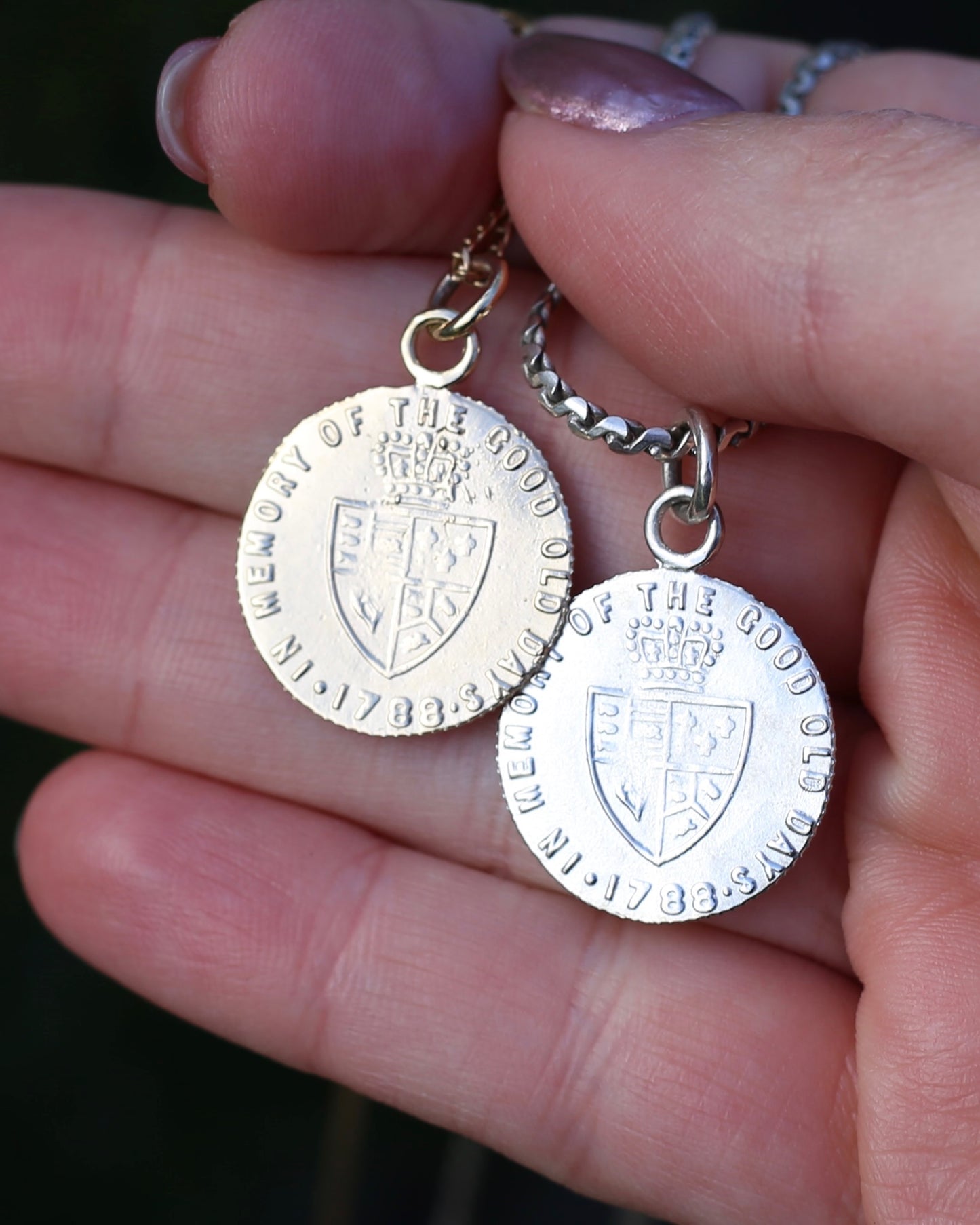 In Memory of the Good Old Days 1788 Gambling Token Pendant - King George III Reverse, Silver and 9ct Gold