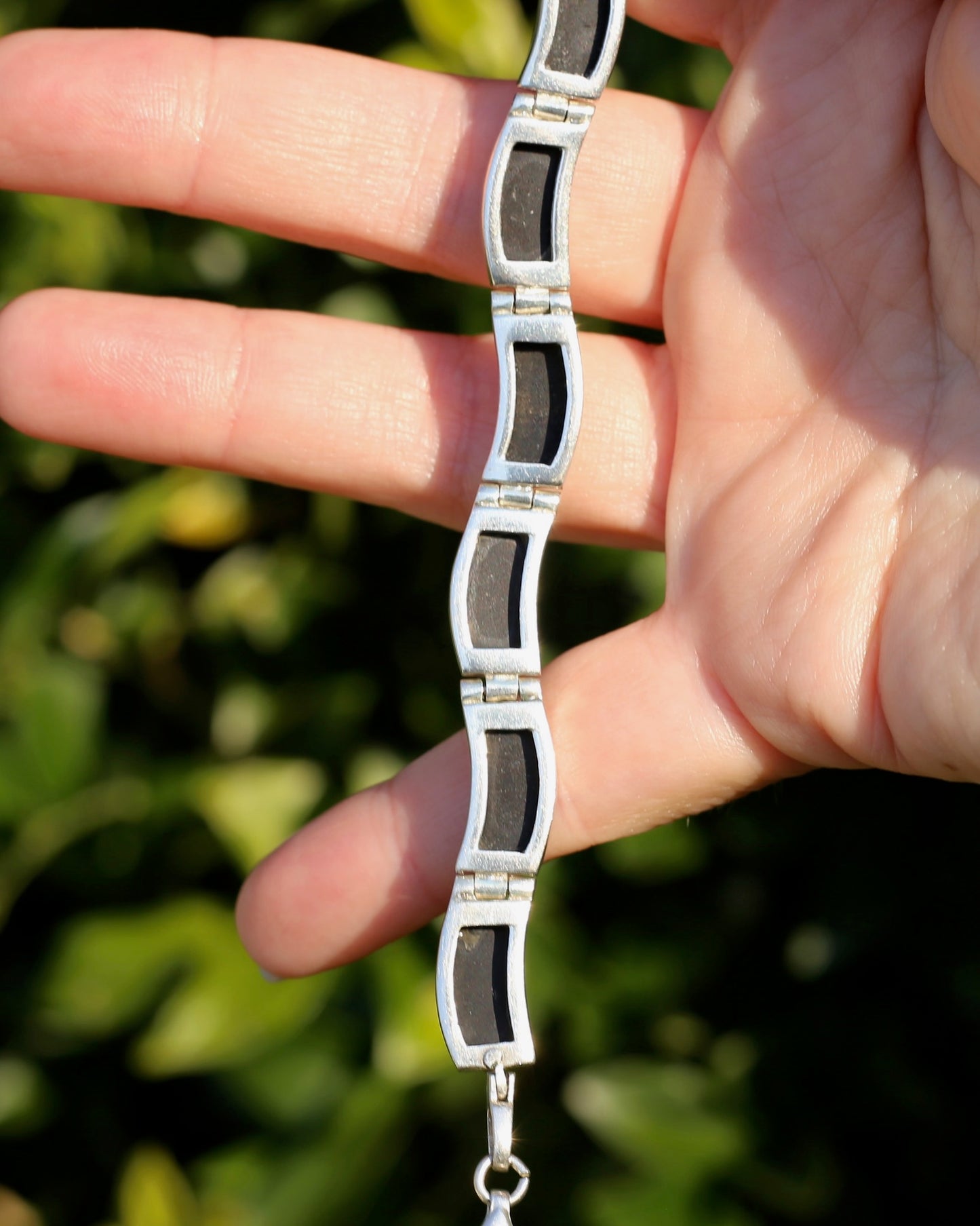 Black Panel Wavey Silver Bracelet, Sterling Silver, 18.3g, 19cm