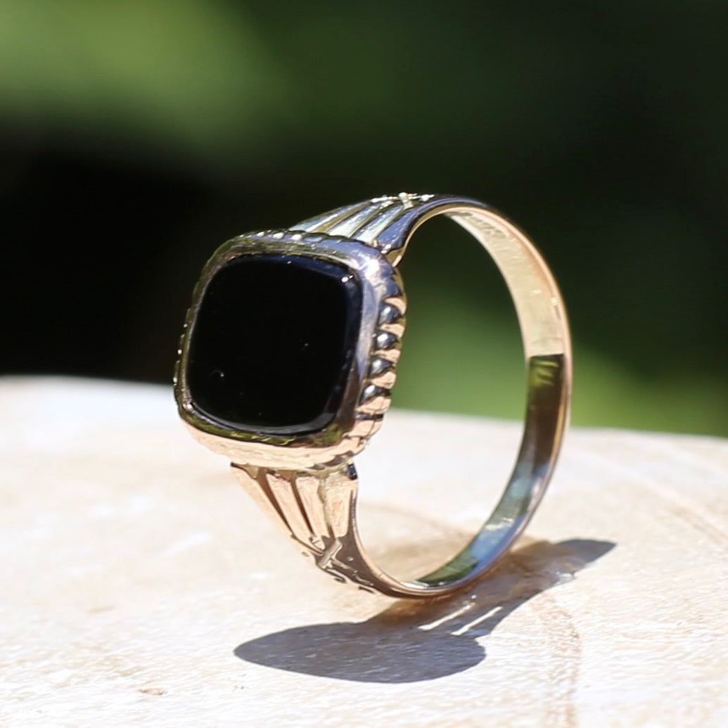 Vintique Onyx Signet Ring with Engraved Shoulders, 9ct Rosey Gold, size K1/2 or 5.5