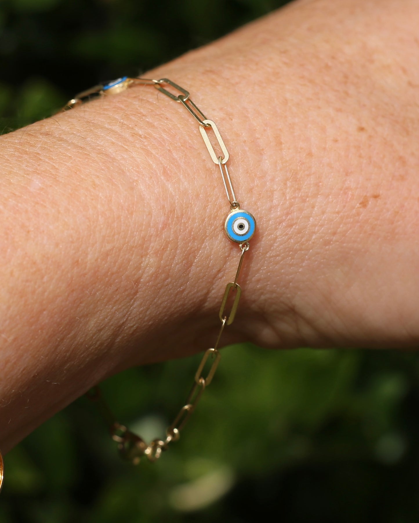 Delicate Paperclip and Enamel Evil Eye Bracelet, 9ct Yellow Gold, 19.5cm or 7.75inches