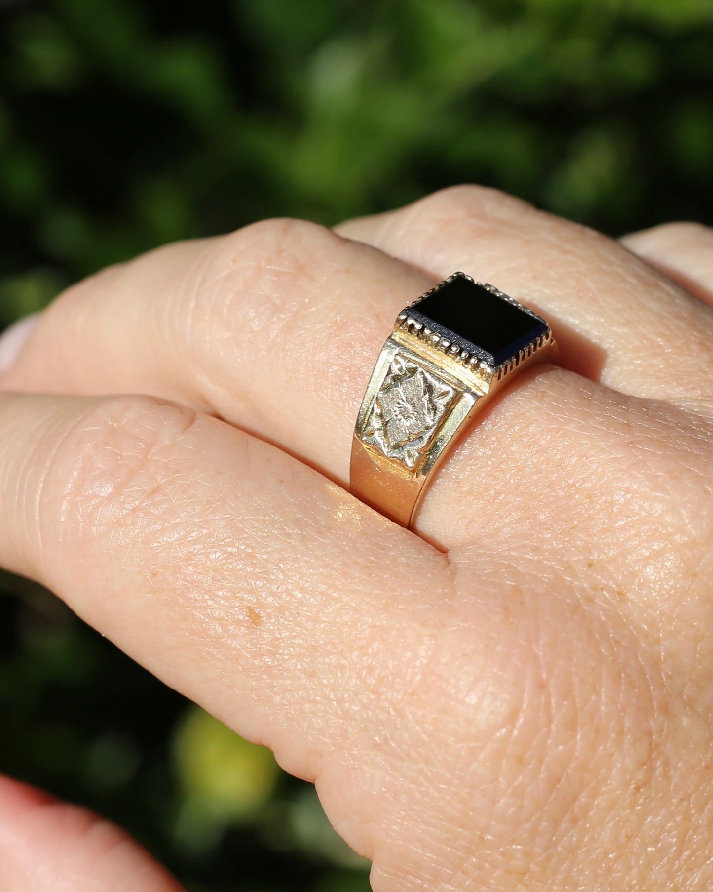 Chunky 1979 Onyx Signet with Floral Shoulders, 9ct Yellow Gold, size 10 or U