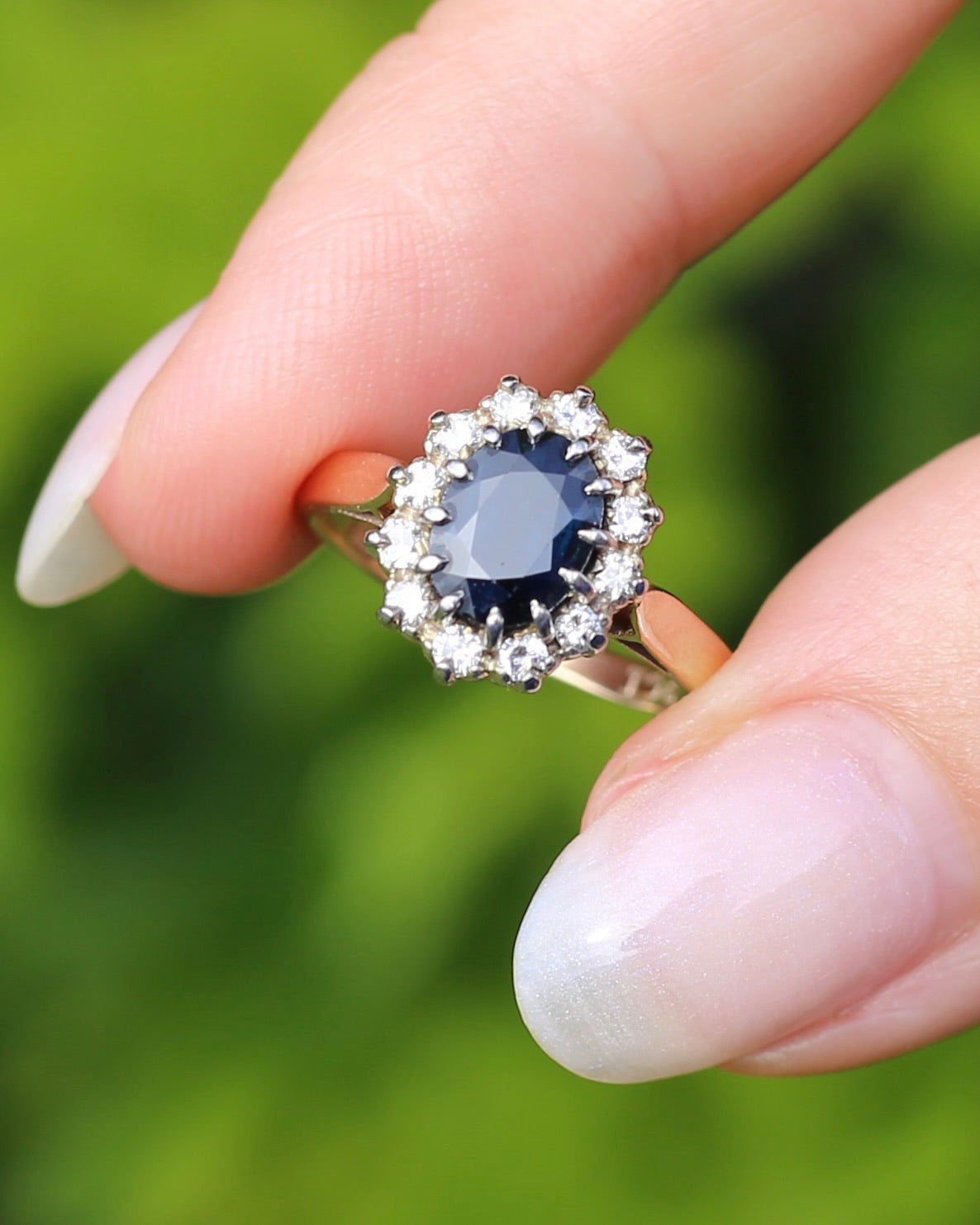 Vintage Natural Sapphire and Diamond Halo, 9ct Yellow and White Gold, size N1/2 or 7