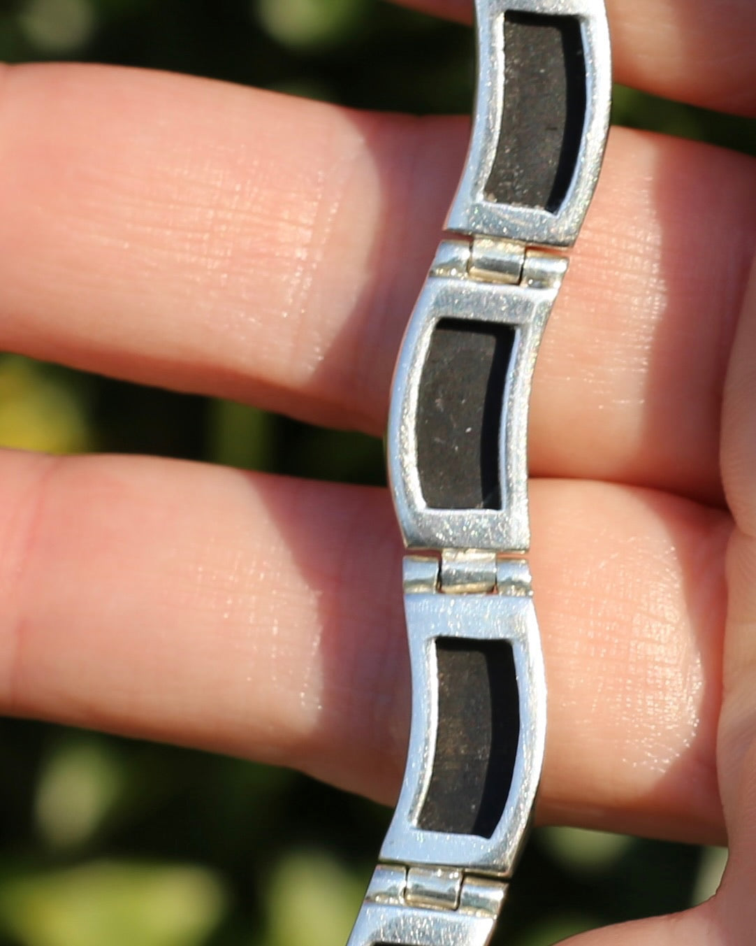 Black Panel Wavey Silver Bracelet, Sterling Silver, 18.3g, 19cm