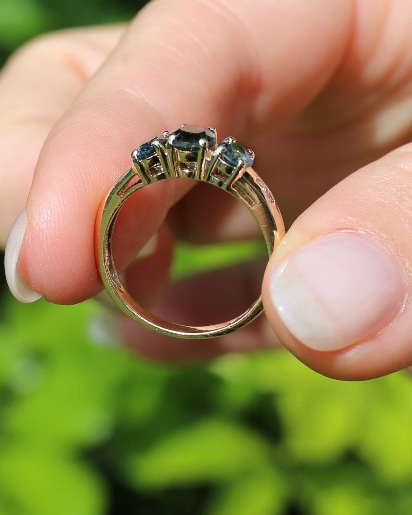 2.1ct Parti Sapphire Trilogy with Channel Set Diamonds, in Vintage 9ct Yellow Gold Ring, size O or 7.25