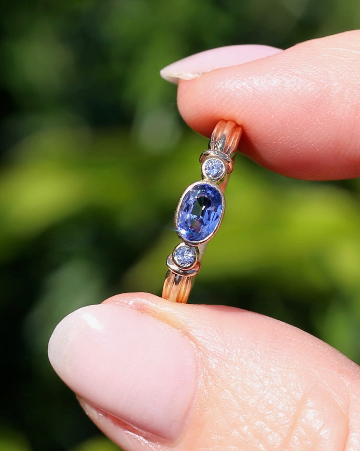 Vintage Bezel Set Cornflower Blue Sapphire and Diamond Ring, 9ct Yellow Gold, size O or 7.25