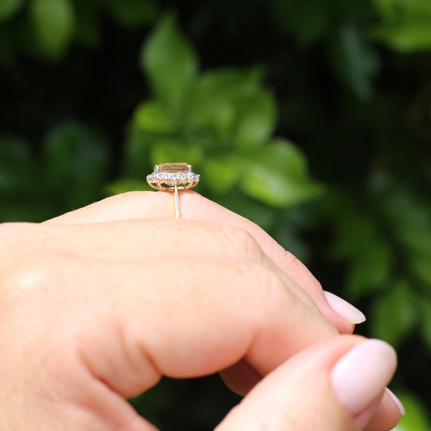 1.47ct Rare Light Pinkish Yellow Feldspar (Orthoclase) with Diamond Halo, 9ct Yellow Gold, size M or 6.25, with valuation