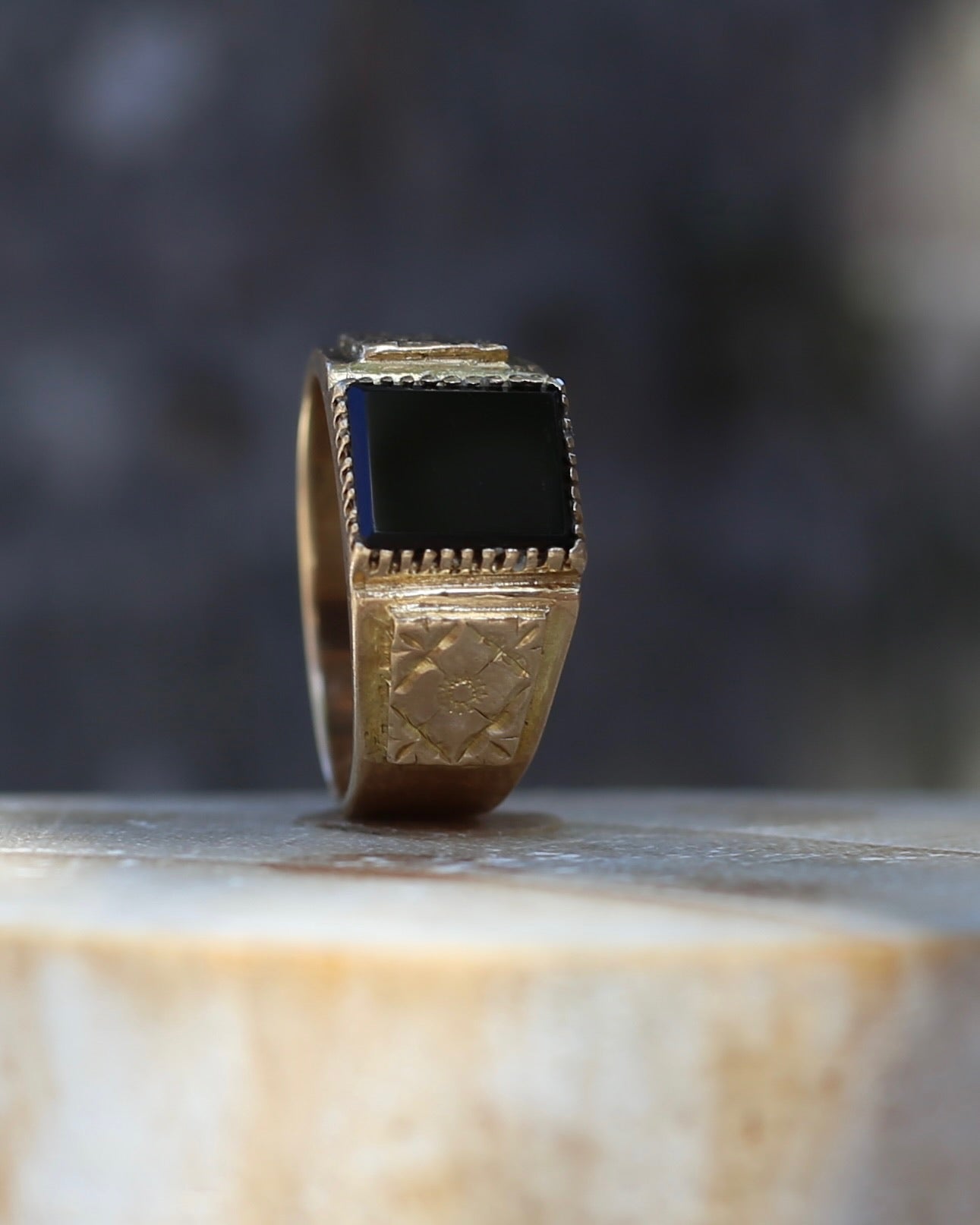 Chunky 1979 Onyx Signet with Floral Shoulders, 9ct Yellow Gold, size 10 or U