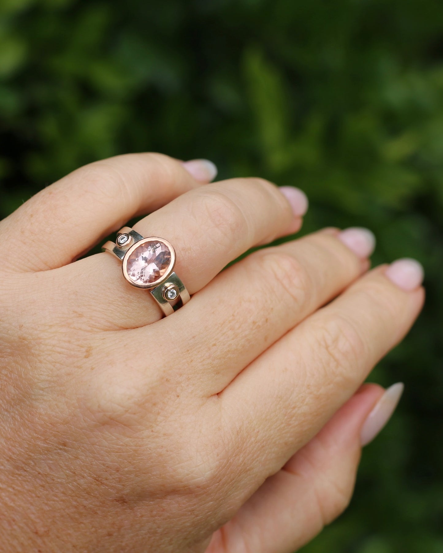 Chunky Bezel Set Morganite and Diamond Ring, 9ct Rose Gold and Silver, size P or 7.5 (fits smaller)