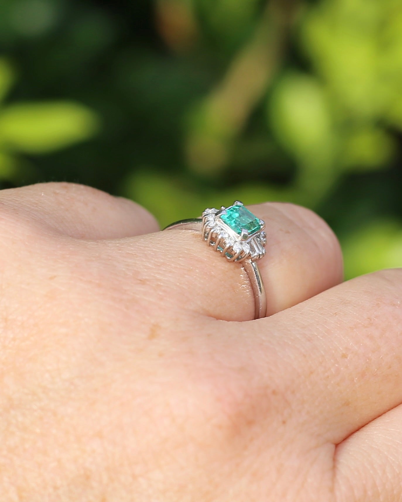 Natural Square Step Cut Emerald and Diamond Baguette Ballerina Skirt, Platinum Ring, size O or 7.25