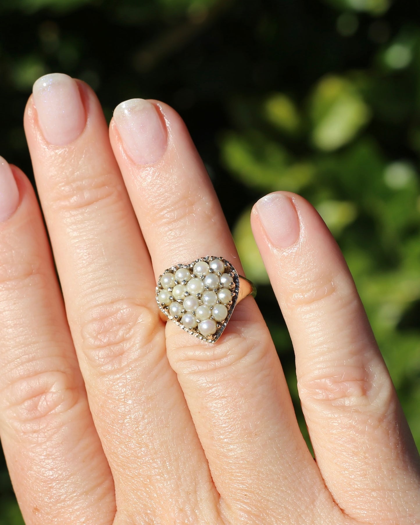 Vintage Heart Pearl Cluster Ring, 10ct Yellow Gold, size K or 5.25