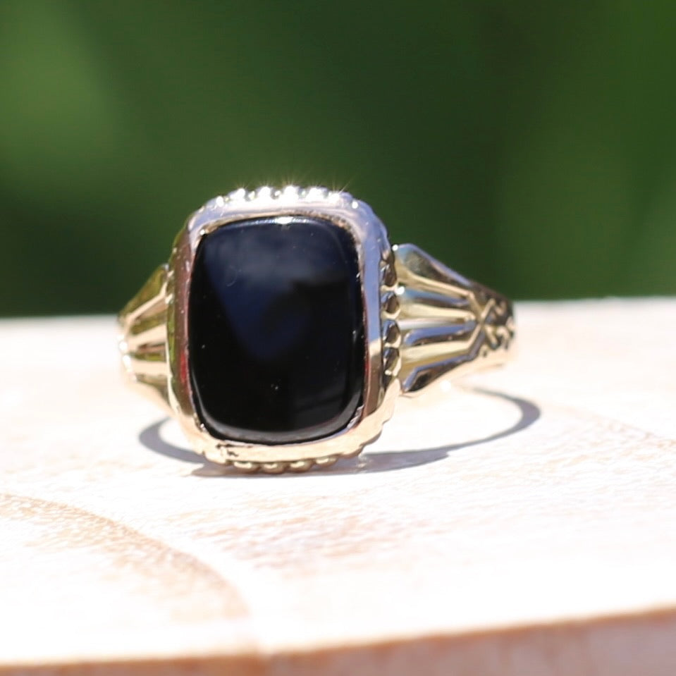 Vintique Onyx Signet Ring with Engraved Shoulders, 9ct Rosey Gold, size K1/2 or 5.5