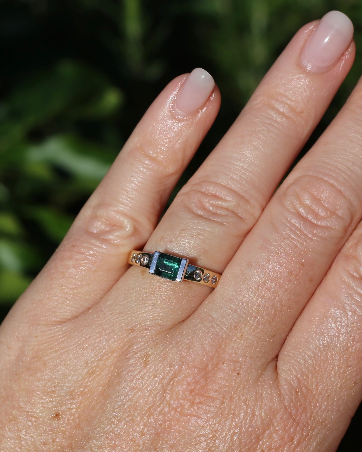 Vintage Chunky East West Set Semi Bezel Tourmaline and Flush Set Diamonds, 9ct Yellow and White Gold, size 9 or S, 4.37g