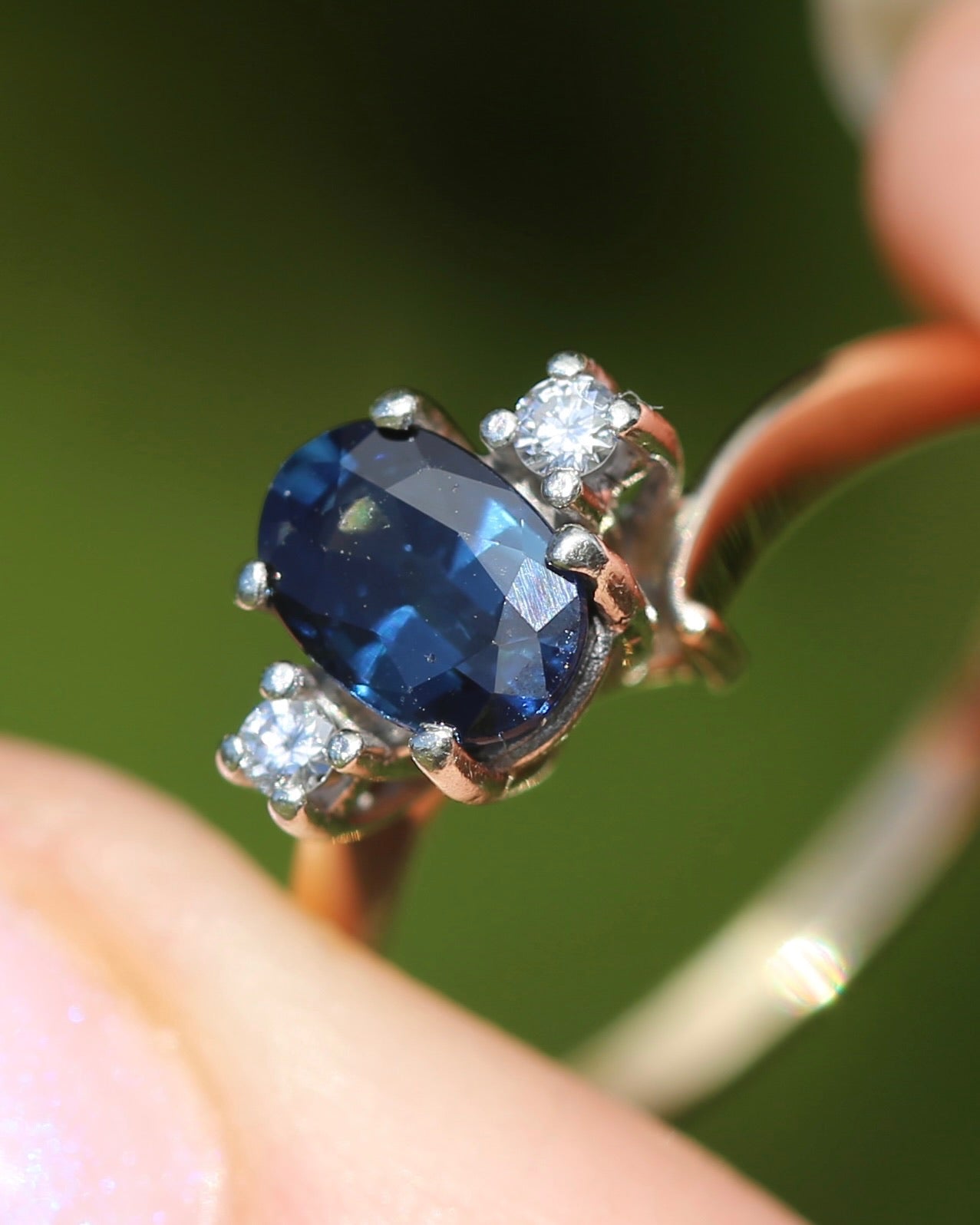 Vintage Natural Sapphire and Diamond Trilogy, 9ct Yellow and White Gold, size J or 4.75