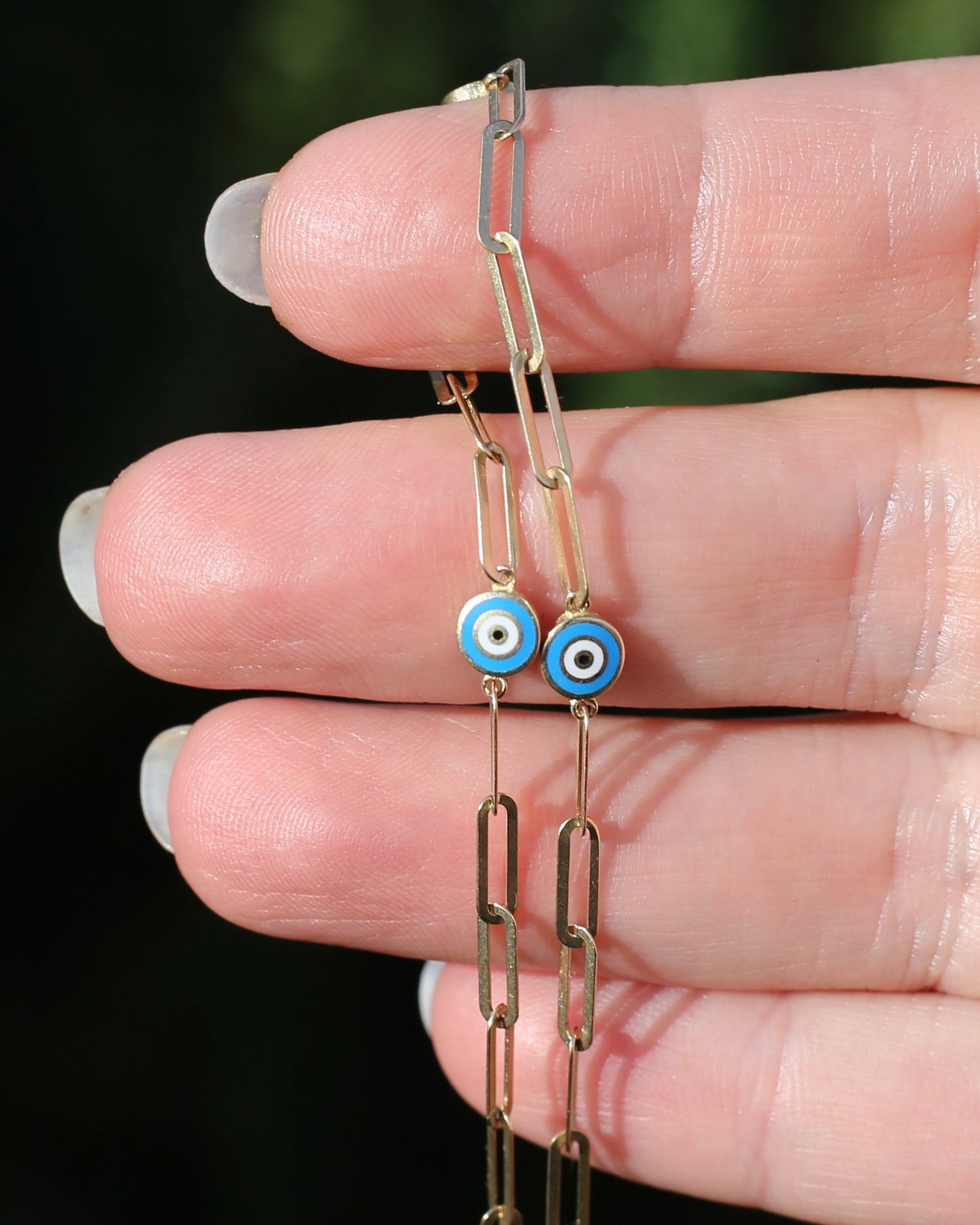 Delicate Paperclip and Enamel Evil Eye Bracelet, 9ct Yellow Gold, 19.5cm or 7.75inches