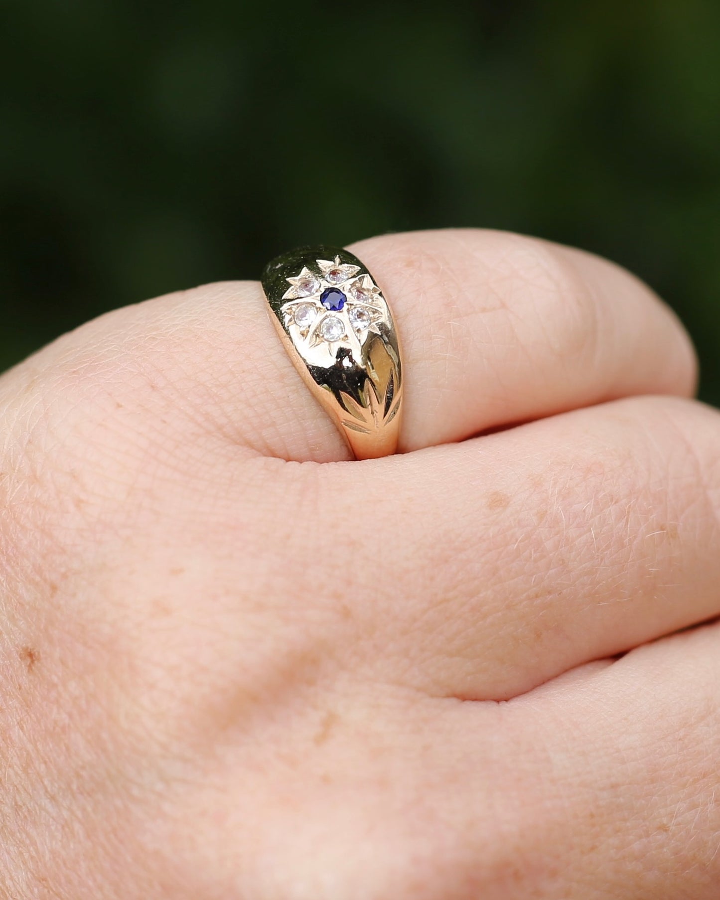 Vintage 1994 Birmingham Made Sapphire and White Stone Floral Cluster in Domed Ring, 9ct Yellow Gold, size J1/2 or 5