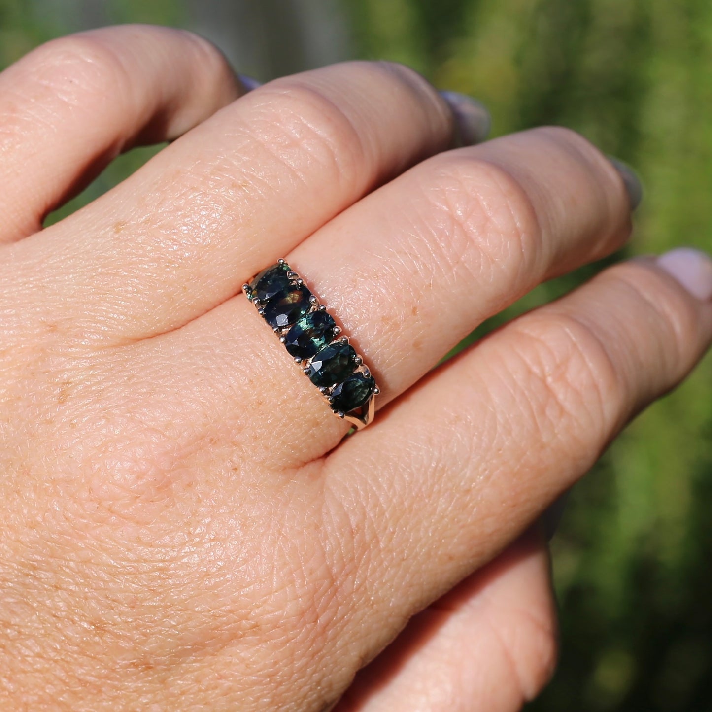 3 Carat Five Stone Parti Sapphire Ring, 9ct Yellow Gold, size R1/2 or nearly 9, with valuation