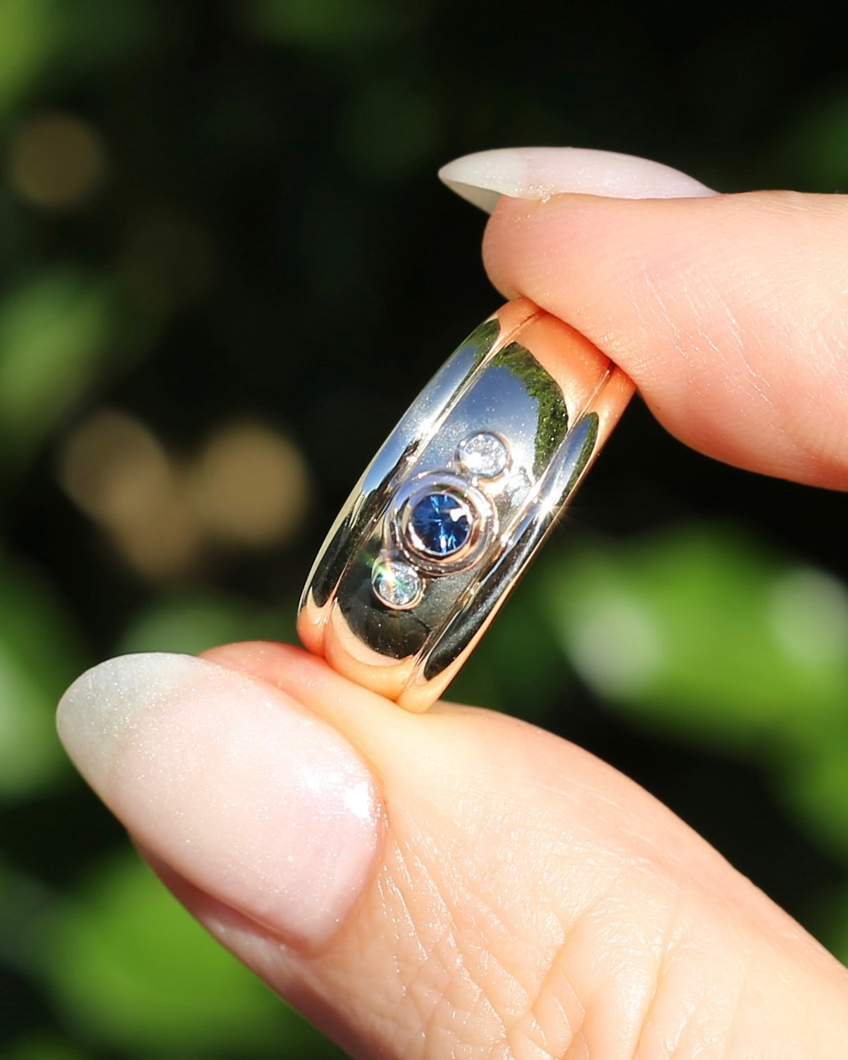 Bezel Set Parti Sapphire and Diamond Trilogy, Chunky Yellow Gold, size O1/2 or 7.5 (will fit smaller due to width)