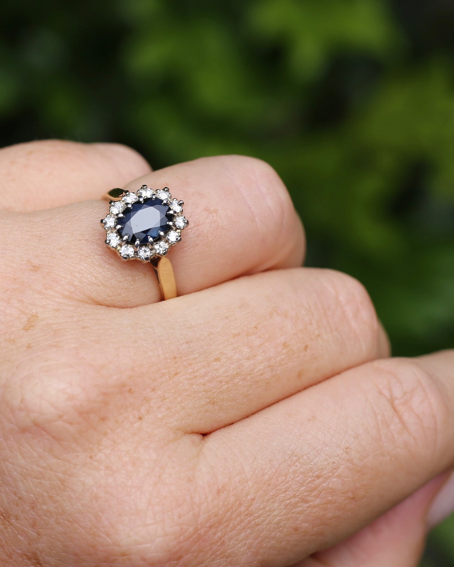 Vintage Natural Sapphire and Diamond Halo, 9ct Yellow and White Gold, size N1/2 or 7