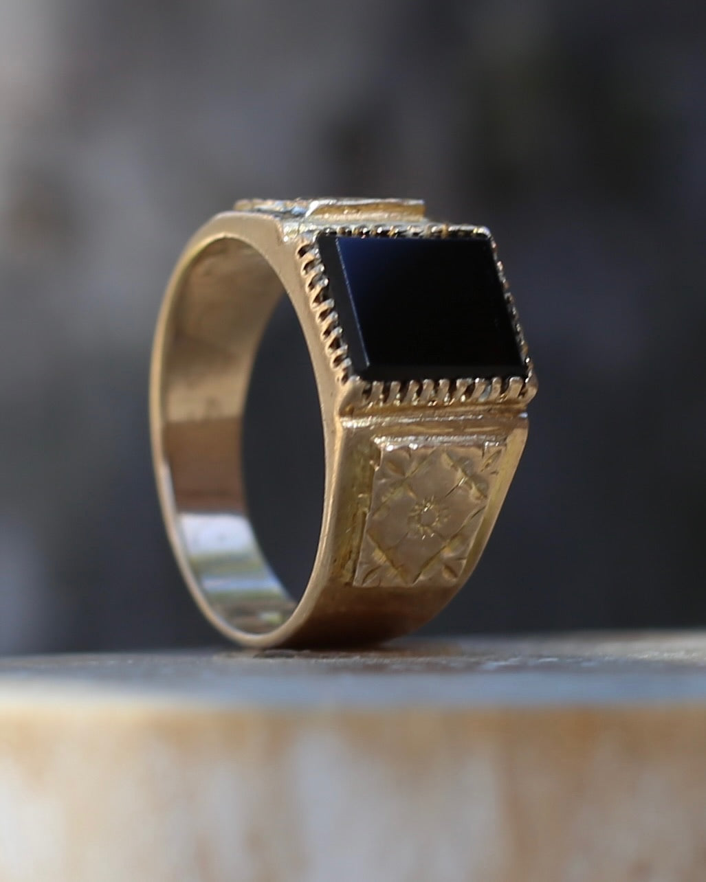 Chunky 1979 Onyx Signet with Floral Shoulders, 9ct Yellow Gold, size 10 or U