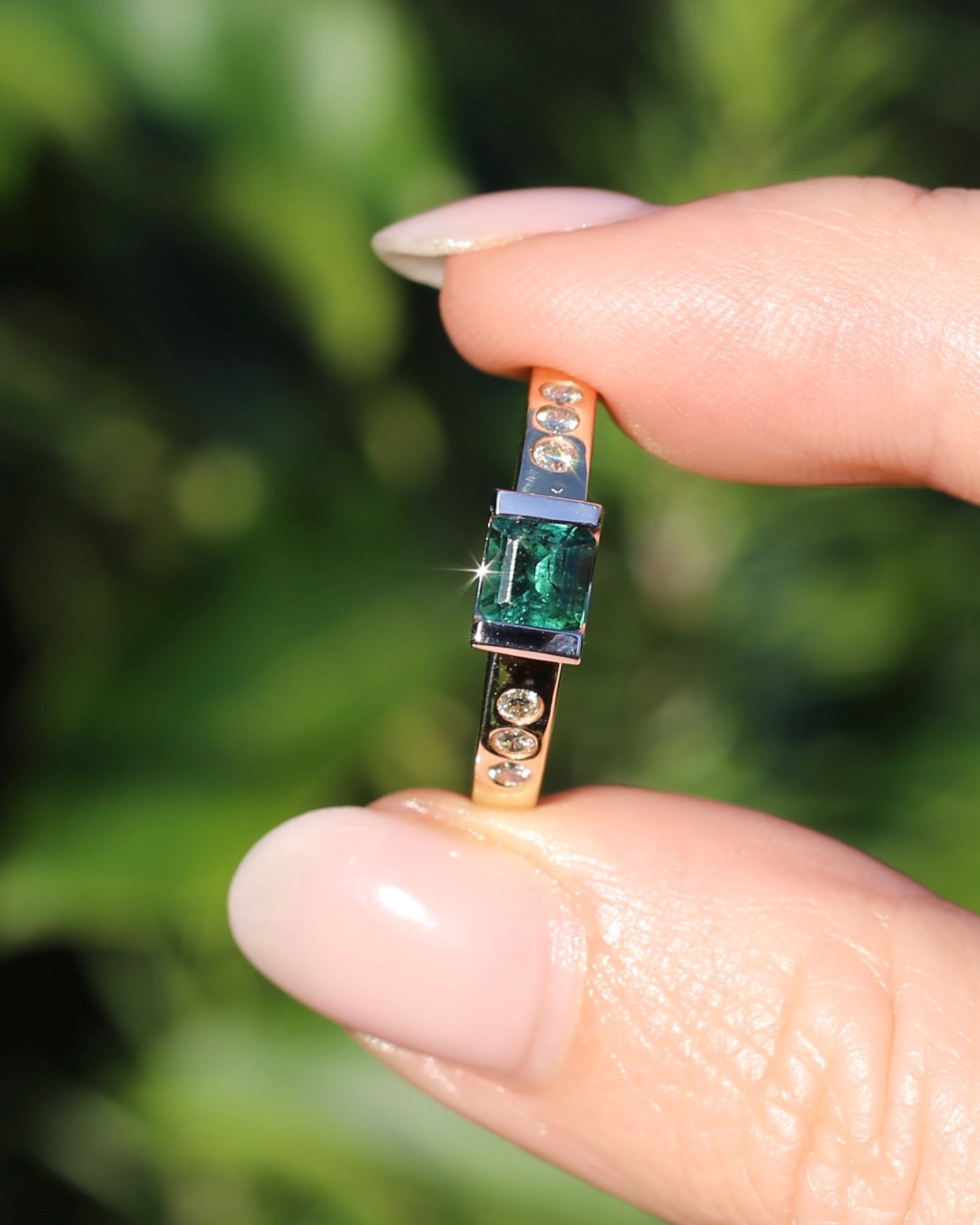 Vintage Chunky East West Set Semi Bezel Tourmaline and Flush Set Diamonds, 9ct Yellow and White Gold, size 9 or S, 4.37g