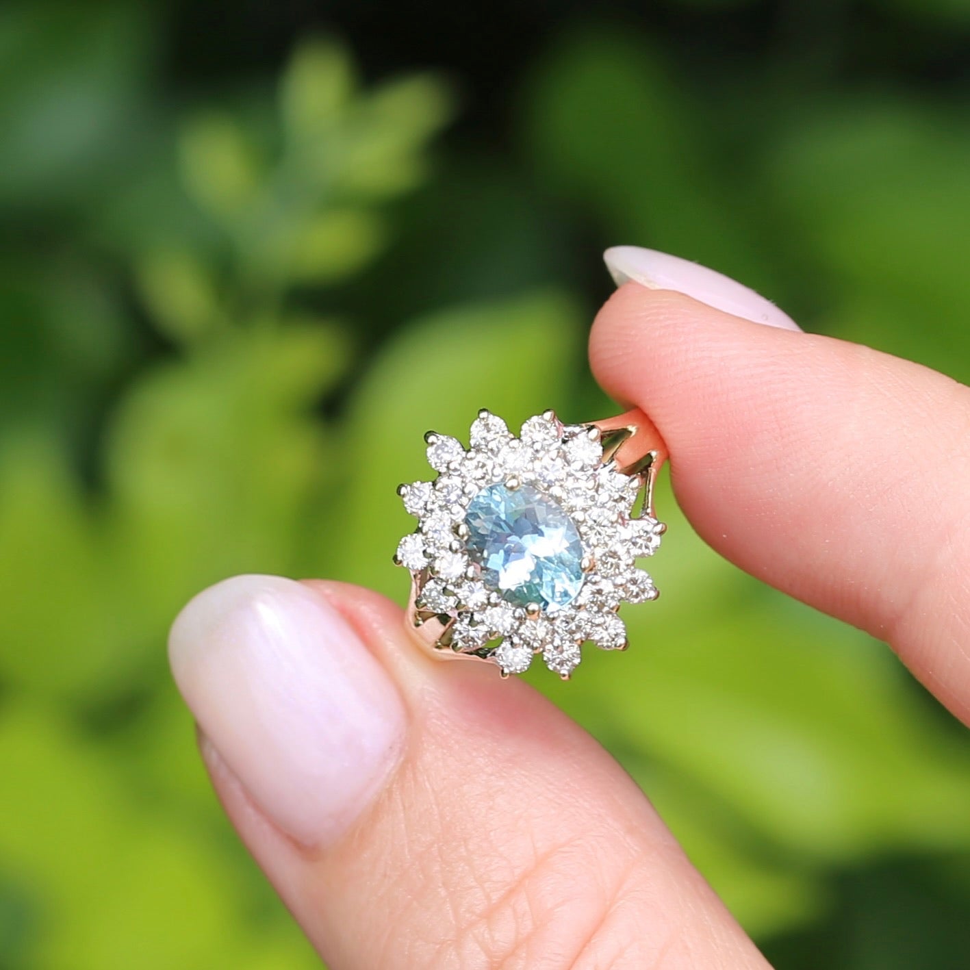 1.1ct Oval Aquamarine and Double Diamond Halo (0.88ct), 9ct White and Yellow Gold, size 6.25 or M