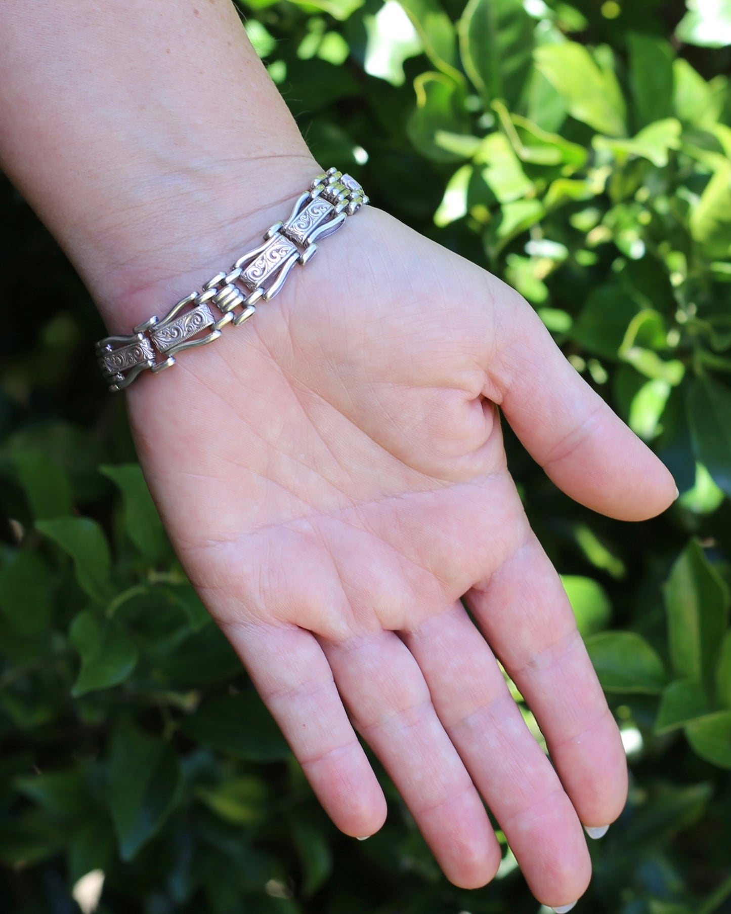 Fancy Link Engraved Bracelet, Sterling Silver, With Italian Bolt Clasp, 24.3g, 19cm