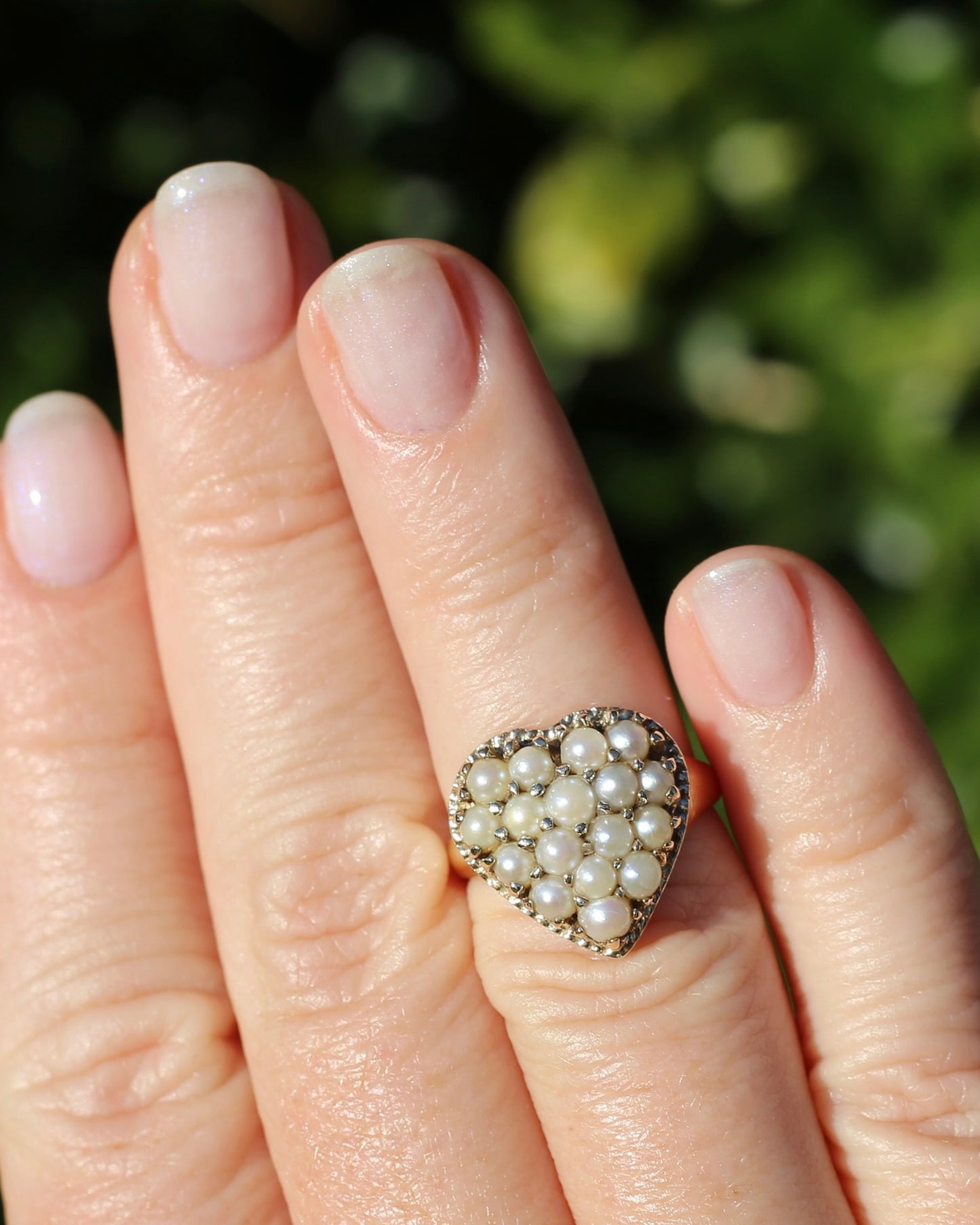 Vintage Heart Pearl Cluster Ring, 10ct Yellow Gold, size K or 5.25