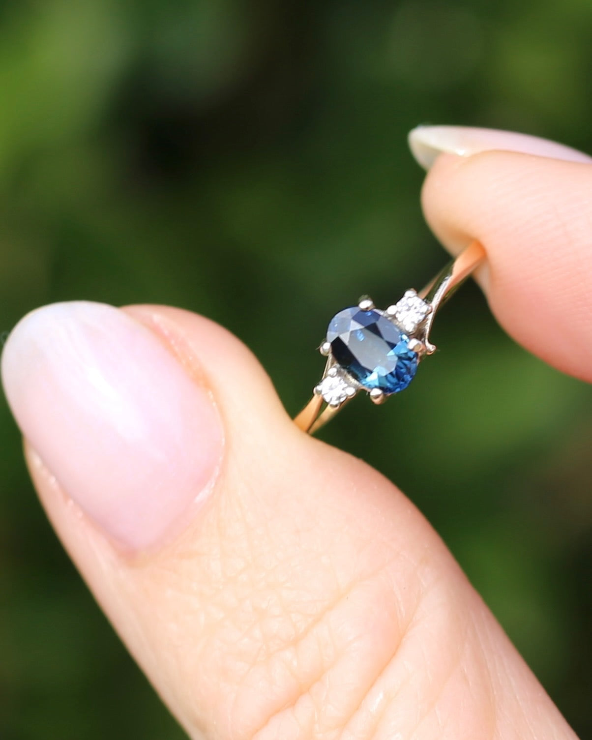 Vintage Natural Sapphire and Diamond Trilogy, 9ct Yellow and White Gold, size J or 4.75